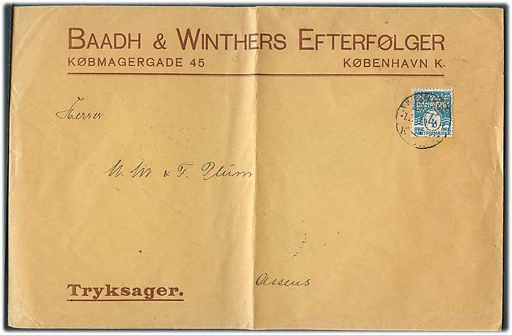 4 øre Bølgelinie med perfin “B.W.E.” på firmakuvert fra Baadh & Winthers Efterfølger sendt som tryksag fra Kjøbenhavn d. 7.2.1913 til Assens.