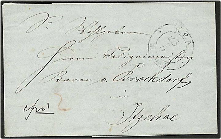 Præfil brev fra Altona, Schleswig, d. 7.1.1851 til Kiel. Påskrevet 2 med rødkridt.