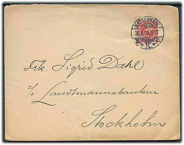 10 øre Chr. IX med perfin “C.J.” (Chr. Juncher A/S) på brev fra Kjøbenhavn d. 26.9.1906 til Stockholm, Sverige.