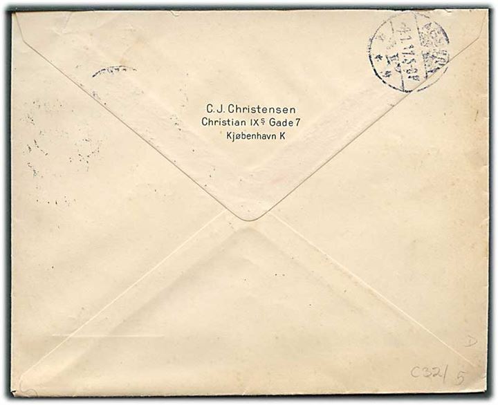 10 øre Chr. X med perfin “C.J.C.” på brev fra firma C.J.Christensen i Kjøbenhavn d. 3.1.1917 til Assens.