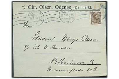 20 øre Chr. X med perfin “C.O.” på firmakuvert fra A/S Chr. Olsen i Odense d. 18.9.1925 til København.