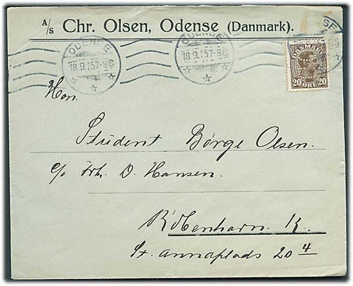 20 øre Chr. X med perfin “C.O.” på firmakuvert fra A/S Chr. Olsen i Odense d. 18.9.1925 til København.