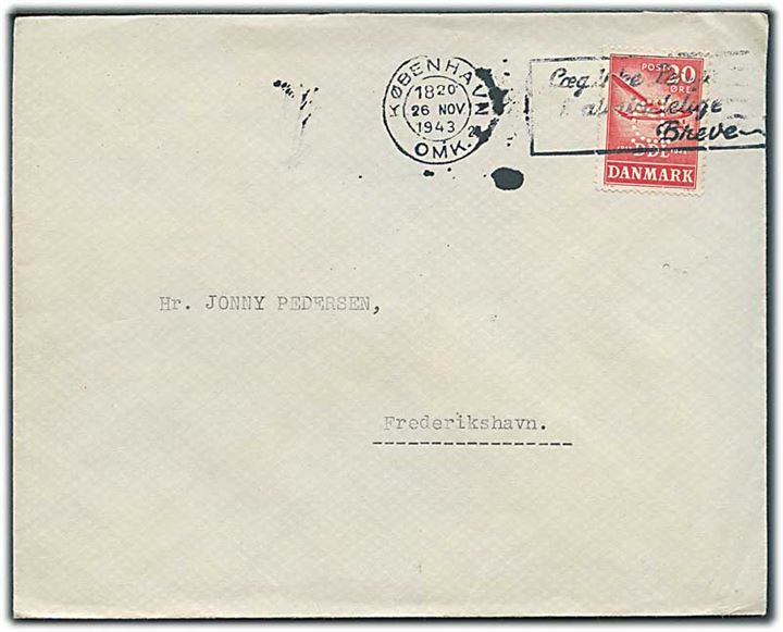 20 øre DDL med perfin “D.” på fortrykt kuvert fra Danisco i København d. 26.11.1943 til Frederikshavn.