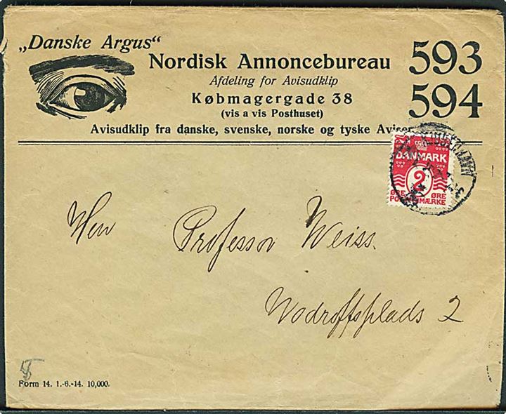 2 øre Bølgelinie single på illustreret firmakuvert fra Nordisk Annoncebureau sendt som lokal tryksag i Kjøbenhavn ca. 1915.