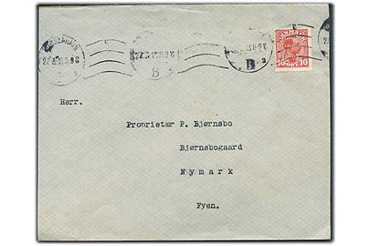 10 øre Chr. X med perfin “DD” på fortrykt kuvert fra Danish Dairies i København d. 27.3.1918 til Nymark på Fyn.