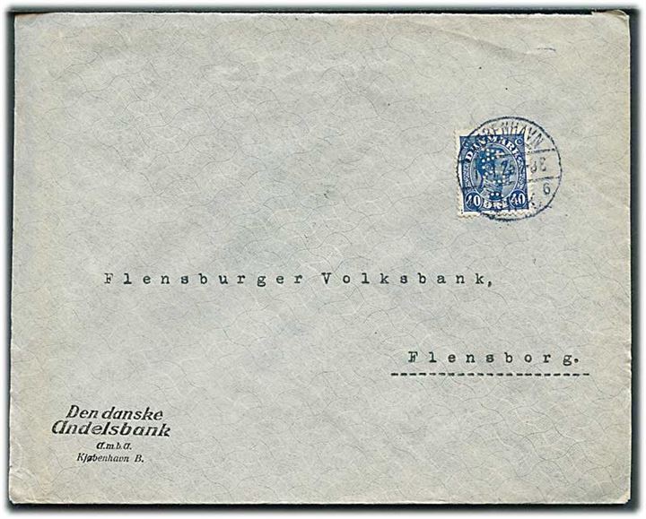 40 øre Chr. X med perfin “D.D.A.” på brev fra Den danske Andelsbank i København d. 10.1.1925 til Flensburg, Tyskland.