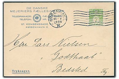 7 øre Bølgelinie med perfin “D.M.F.” på tryksagskort fra De danske Mejeriers Fælleskindkøb i København d. 26.5.1930 til Bedsted.