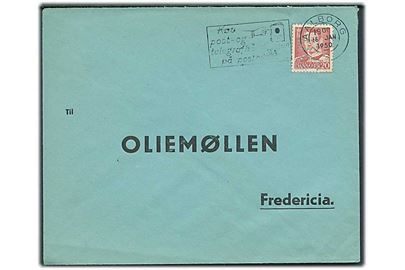 20 øre Fr. IX med perfin “D.O.” på svarkuvert fra Aalborg d. 16.1.1950 til Oliemøllen, Fredericia.