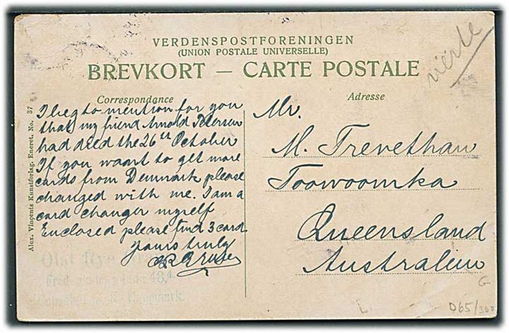 5 øre Fr. VIII med perfin “D R-K” (Dansk Reklame Kunst), samt 2 øre og 3 øre Bølgelinie på billedside af brevkort fra Kjøbenhavn d. 7.6.1910 til Toowoomka, Queensland, Australien.