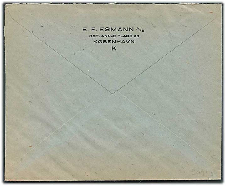 15 øre Chr. X med perfin “E.F.E.” på lokalbrev fra E.F.Esmann A/S stemplet København d. 27.1.1947 til Dansk Røde Kors.