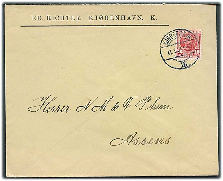10 øre Fr. VIII med perfin “E.R.” på firmakuvert fra Ed. Richter i Kjøbenhavn d. 11.2.1911 til Assens.