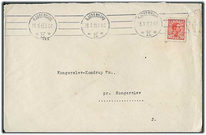 10 øre Chr. X med perfin “E.R.” på brev fra Ernæringsraadet i Kjøbenhavn d. 28.3.1919 til Kongerslev.
