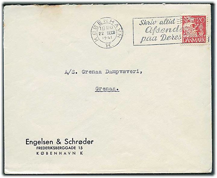 20 øre Karavel med perfin “E.&S.” på firmakuvert fra Engelsen & Schrøder i København d. 22.12.1941 til Grenaa.