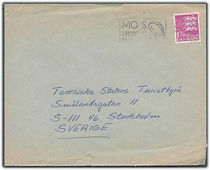 1,50 kr. Rigsvåben med perfin “ESAB” (A/S Esab, København) på brev med svagt stempel fra Nykøbing M. 1978 til Stockholm, Sverige. Uden afsender.