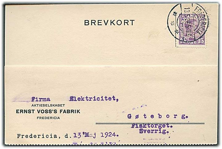 15 øre Chr. X med perfin “E.V.” på brevkort fra firma Ernst Voss’s Fabrik i Fredericia d. 13.5.1924 til Göteborg, Sverige.