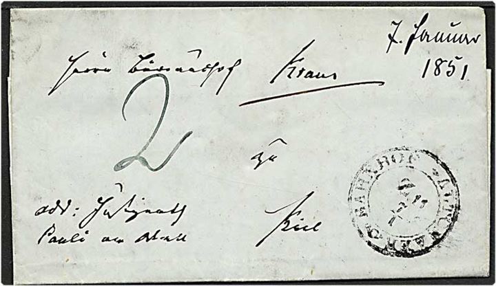 Præfil brev fra Altona, Schleswig, d. 7.1.1851 til Kiel. Påskrevet 2 med blåkridt.