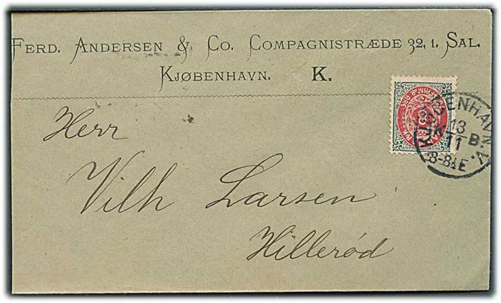 8 øre Tofarvet med perfin “F.A.& Co.” på firmakuvert fra Fred. Andersen & Co. i Kjøbenhavn d. 13.11.1895 til Hillerød.