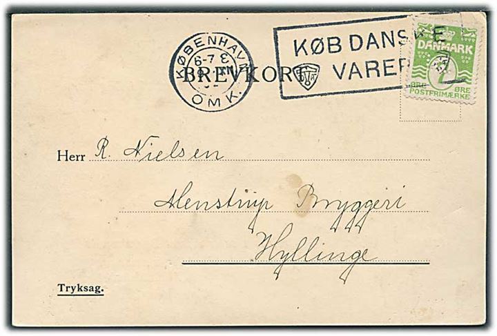 7 øre Bølgelinie med perfin “F F” på tryksags-brevkort fra Fabriken “Fiducia” i København d. 19.12.1928 til Hyllinge.