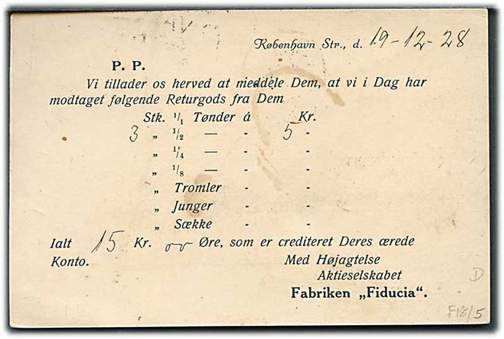 7 øre Bølgelinie med perfin “F F” på tryksags-brevkort fra Fabriken “Fiducia” i København d. 19.12.1928 til Hyllinge.