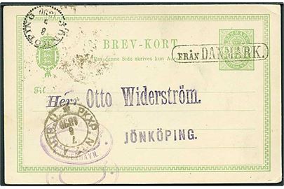 5 øre Våben helsagsbrevkort fra Kjøbenhavn annulleret med svensk skibsstempel Från Danmark og sidestemplet PKXP No. 2 d. 7.6.1890 til Jönköping, Sverige.