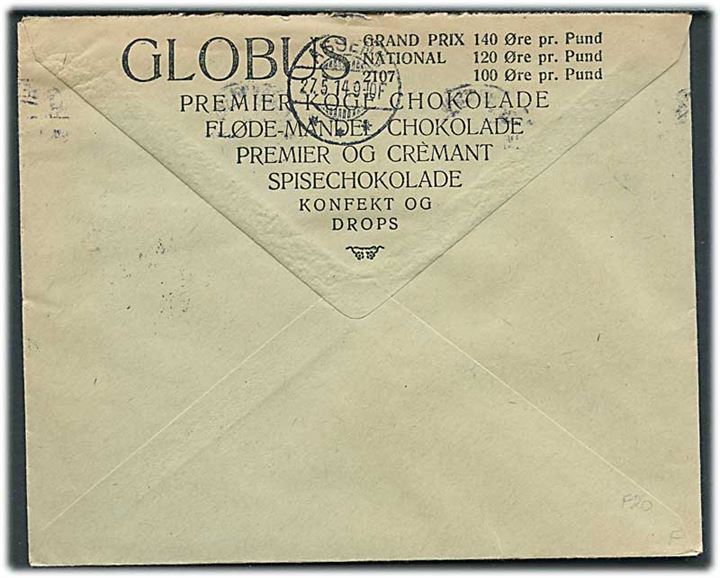 10 øre Bølgelinie med perfin “FG” på illustreret firmakuvert fra De forenede Chocolade og Konfektfabriker Globus i Kjøbenhavn d. 26.5.1914 til Assens.