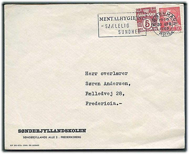 5 øre Bølgelinie og 30 øre Fr. IX med perfin “F.K.” (Frederiksberg Kommune) på brev fra Sønderjyllandskolen stemplet København d. 30.4.1963 til Fredericia.