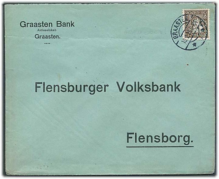 20 øre Chr. IV Postjubilæum med perfin “GB” på grænseportobrev fra Graasten Bank i Graasten d. 10.2.1925 til Flensburg, Tyskland.