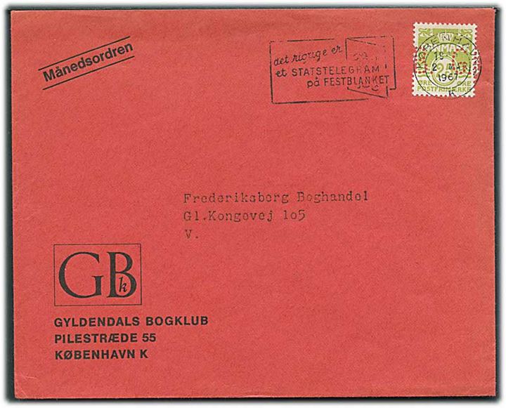 25 øre Bølgelinie med perfin “G.B.” på tryksag fra Gyldendals Bogklub i København d. 2.3.1967.