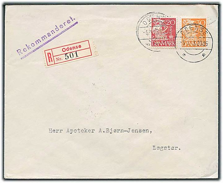 20 øre og 30 øre Karavel med perfin “G.L.” på anbefalet brev fra firma A/S Gustav Lotze i Odense d. 5.1.1943 til Løgstør.