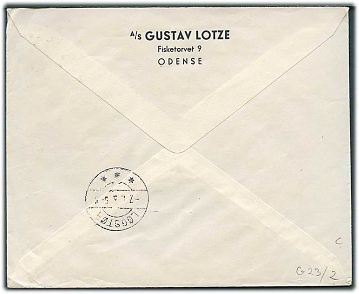20 øre og 30 øre Karavel med perfin “G.L.” på anbefalet brev fra firma A/S Gustav Lotze i Odense d. 5.1.1943 til Løgstør.