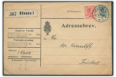 10 øre og 30 øre Chr. X med perfin “G.L.” på adressebrev for pakke fra firma Gustav Lotze i Odense d. 14.5.1919 til Thisted.