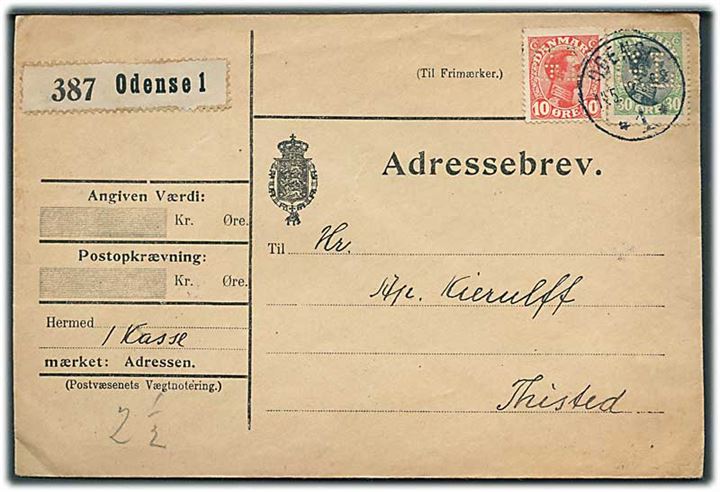 10 øre og 30 øre Chr. X med perfin “G.L.” på adressebrev for pakke fra firma Gustav Lotze i Odense d. 14.5.1919 til Thisted.