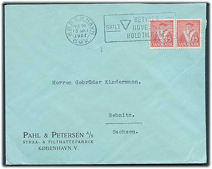 15 øre Tavsen i parstykke med perfin “GP” på firmakuvert fra Pahl & Petersen A/S i København d. 13.5.1937 til Sevnitz, Tyskland.