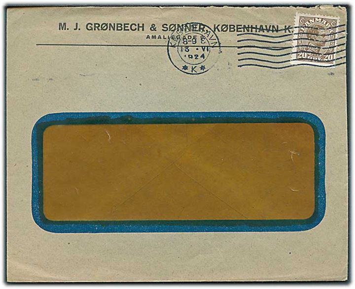 20 øre Chr. X med perfin “G&S” på rudekuvert fra M.J.Grønbech & Sønner i København d. 13.6.1924.