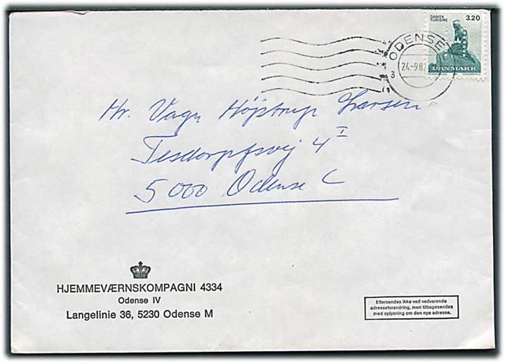 3,20 kr. Dansk Turisme med perfin “H” på brev fra Hjemmeværnskompagni 4334 i Odense d. 24.9.1983.