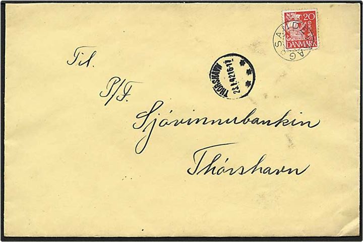 20 øre rød karavel på brev fra Sandavaag d. 23.1.1942 til Thorshavn. Sandevaag stjernestempel.