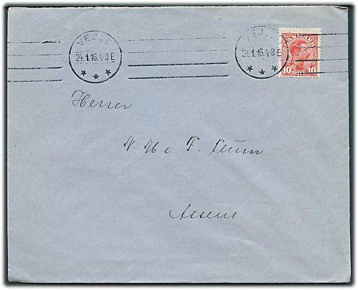 10 øre Chr. X med perfin “H.S.V.” på brev fra H. Steensens Margarinefabrik A/S i Vejle d. 24.1.1916 til Assens.