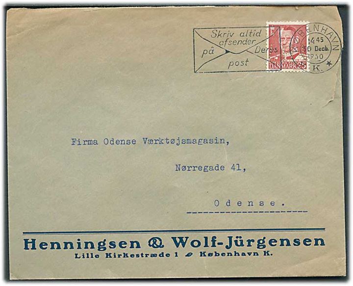 25 øre Fr. IX med perfin “H.W.” på firmakuvert fra Henningsen & Wolf-Jürgensen i København d. 30.12.1950 til Odense.