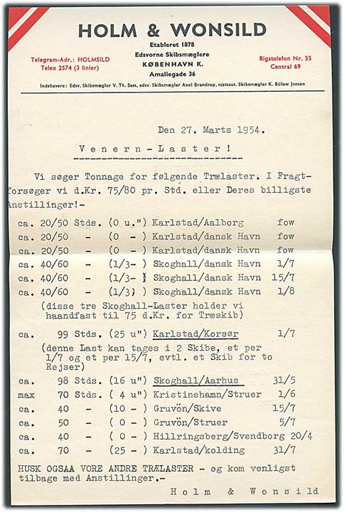 12 øre Bølgelinie med perfin “H.W.” på tryksag fra firma Holm & Wonsild i København d. 27.3.1954 til Marstal på Ærø.
