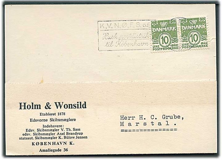 10 øre Bølgelinie i parstykke med perfin “H.W.” på brevkort fra firma Holm & Wonsild i København d. 1.7.1954 til Marstal.