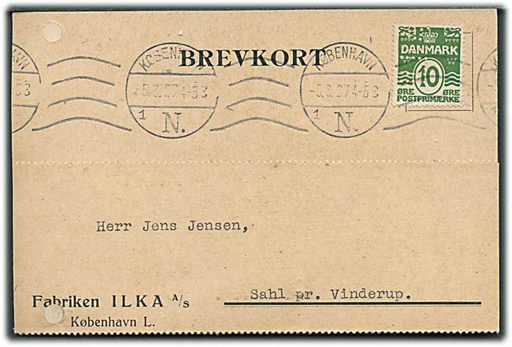 10 øre Bølgelinie med perfin “ILKA” på brevkort fra Fabriken ILKA A/S i København d. 5.3.1927 til Sahl pr. Vinderup. 2 arkivhuller.