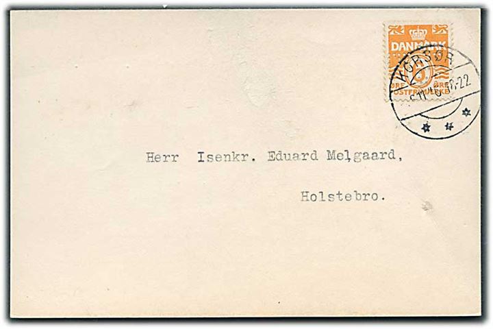 6 øre Bølgelinie med perfin “J.G.E.” på tryksags-brevkort fra firma Julius Guldmanns Eftflg. i Korsør d. 6.11.1946 til Holstebro. 