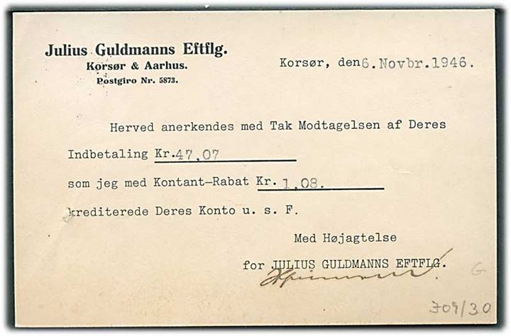 6 øre Bølgelinie med perfin “J.G.E.” på tryksags-brevkort fra firma Julius Guldmanns Eftflg. i Korsør d. 6.11.1946 til Holstebro. 