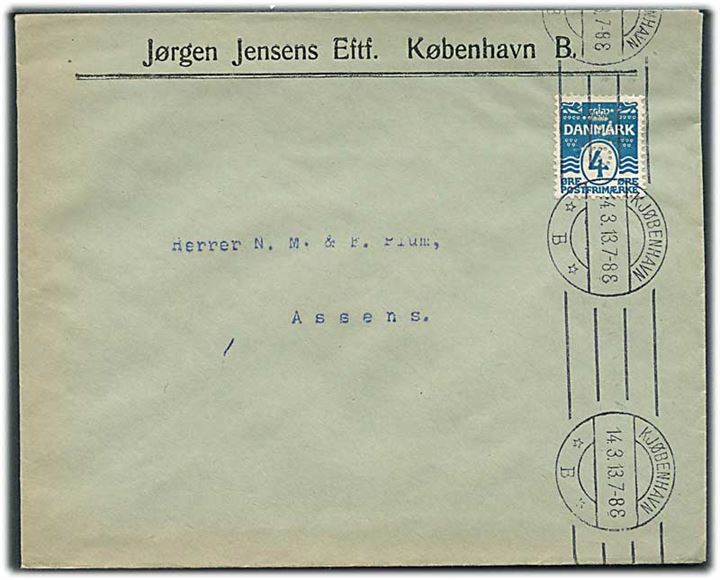 4 øre Bølgelinie medc perfin “J.J.” på firmakuvert fra Jørgen Jensens Eftf. sendt som tryksag fra Kjøbenhavn d. 14.3.1913 til Assens.