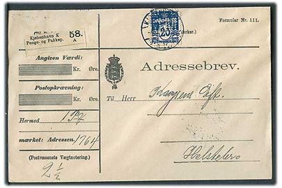 20 øre Bølgelinie med perfin “JM” på adressebrev for pakke fra firma A/S J. Moresco i Kjøbenhavn d. 4.11.1912 til Holstebro.