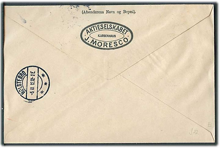 20 øre Bølgelinie med perfin “JM” på adressebrev for pakke fra firma A/S J. Moresco i Kjøbenhavn d. 4.11.1912 til Holstebro.