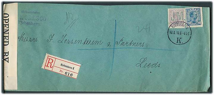 15 øre og 20 øre Chr. X med perfinm “JM” på anbefalet brev fra A/S J. Moresco i Kjøbenhavn d. 18.8.1916 til Leeds, England. Åbnet af britisk censur no. 241.