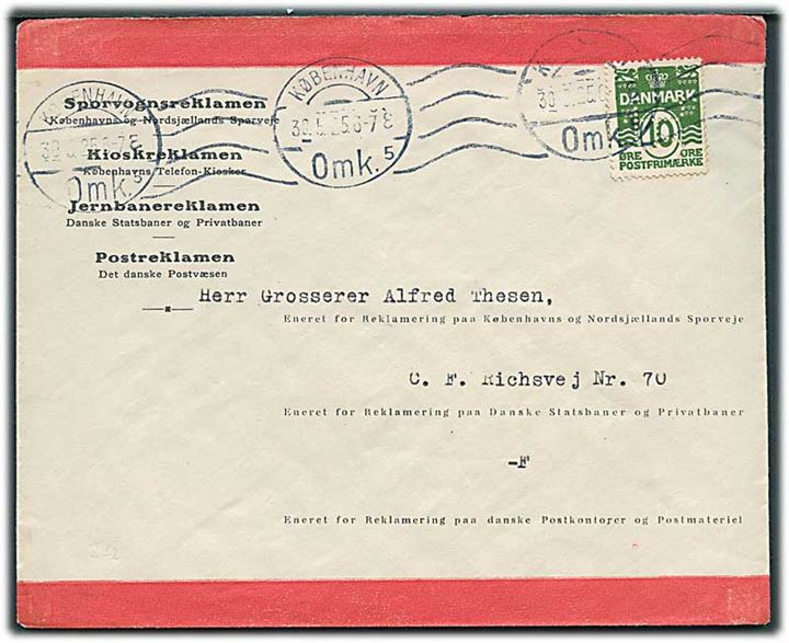 10 øre Bølgelinie med perfin “JR” på firmakuvert fra Jernbanereklamen sendt lokalt i København d. 30.5.1925.