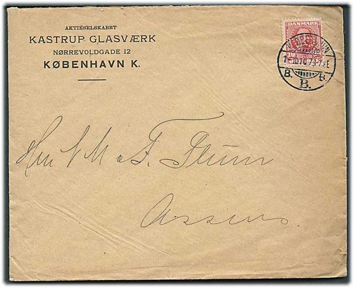 10 øre Fr. VIII med perfin “”K.G.” på firmakuvert fra A/S Kastrup Glasværk i København d. 1.10.1910 til Assens.