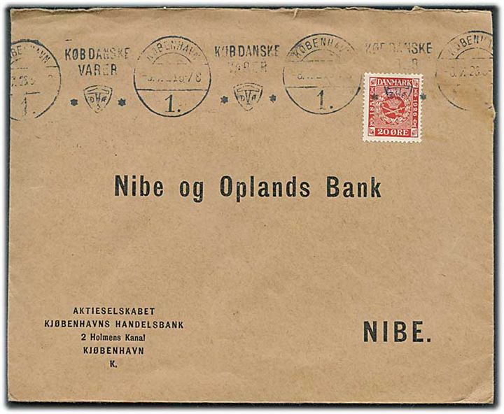 20 øre Frimærkejubilæum med perfin “K.H.” på brev fra Københavns Handelsbank i København d. 8.7.1926 til Nibe.